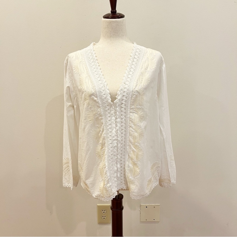 Sundance Top Women Medium White Embroidered Boho Cotton Long Sleeve Flared Tunic